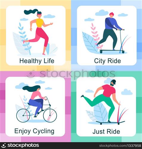 Man and Woman Healthy Life. City Ride. Enjoy Cycling Banner Set Vector Illustration. Cartoon People Sport Activity, Running, Ride Scooter. Workout Training. Leisure Nature Outdoors. Cartoon People Healthy Lifestyle Outdoors Activity
