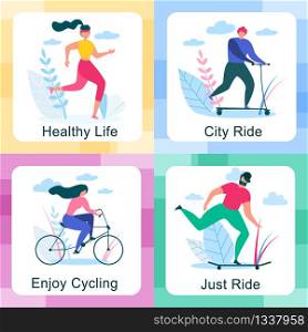 Man and Woman Healthy Life. City Ride. Enjoy Cycling Banner Set Vector Illustration. Cartoon People Sport Activity, Running, Ride Scooter. Workout Training. Leisure Nature Outdoors. Cartoon People Healthy Lifestyle Outdoors Activity