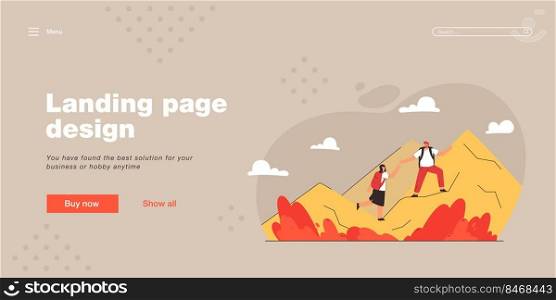 Man and woman hiking vector illustration. Couple of hikers with backpacks helping each other during trek on top of mountain. Outdoor activity concept for banner, website design or landing web page