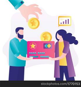 Man and woman hold bonus card. Clients loyalty programs as part of customer return marketing. Increase in points on discount card. Hand throws golden coins. Cashback concept. Flat vector illustration. Man and woman hold bonus card. Clients loyalty programs as part of customer return marketing. Increase in points on discount card.