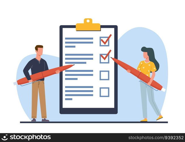 Man and woman hold pens and write down goals to achieve or make to do list. Tiny people with huge checklist, red pencil and clipboard paper. Cartoon flat style isolated illustration. Vector concept. Man and woman hold pens and write down goals to achieve or make to do list. Tiny people with huge checklist, red pencil and clipboard paper. Cartoon flat style isolated vector concept
