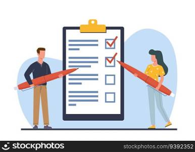 Man and woman hold pens and write down goals to achieve or make to do list. Tiny people with huge checklist, red pencil and clipboard paper. Cartoon flat style isolated illustration. Vector concept. Man and woman hold pens and write down goals to achieve or make to do list. Tiny people with huge checklist, red pencil and clipboard paper. Cartoon flat style isolated vector concept
