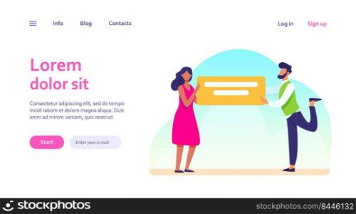 Man and woman holding banner with text. Speech bubble, announcement, info flat vector illustration. Communication and advertising concept for banner, website design or landing web page