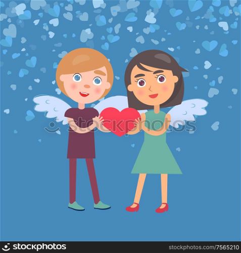 Man and woman holding big red heart, Valentine card. Standing girl in dress and boy in casual clothes with wings. Blue romantic card in flat vector. Man and Woman Holding Heart, Valentine Card Vector