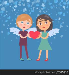 Man and woman holding big red heart, Valentine card. Standing girl in dress and boy in casual clothes with wings. Blue romantic card in flat vector. Man and Woman Holding Heart, Valentine Card Vector