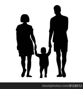 Man and woman holding child hands silhouette isolated vector illustration. Shadow male, female and kid. Image heterosexual couple with baby. Family concept. Man and woman holding child hands silhouette isolated vector illustration