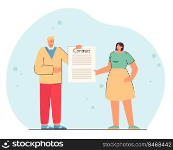 Man and woman holding contract paper document in hands. People making agreement flat vector illustration. Legal form for business, contract concept for banner, website design or landing web page. Man and woman holding contract paper document in hands