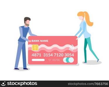 Man and woman holding credit card, side view of people with electronic equipment for payments, online cash with number and bank name template vector. Online Currency, Credit Card and People Vector