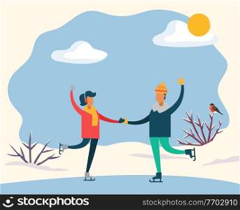 Man and woman holding each other hands and skating on rink. Couple on date spend leisure time together in park. Outdoor activity on holidays. Sunny weather in winter. Vector illustration in flat. Man and Woman Skating on Rink, Couple on Date