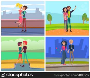 Man and woman holding each other hands, female with rose. Lovers kissing, taking selfie, walking in city, couple relationship, romantic day vector. Man and Woman Romantic Day, Walking in City Vector