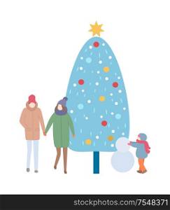 Man and woman holding each other hands near big decoration fir-tree with star on top. Kid in warm clothes making snowman vector isolated on white. Winter Family Image with Tree and Snowman Vector