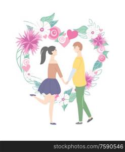 Man and woman holding each other hands, side view of smiling people, happy couple standing near hearts with flowers, romantic day, love card vector. Happy Couple and Heart with Flowers, Love Vector