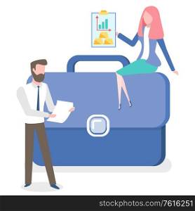 Man and woman holding financial report, billions and growth arrows, handbag accessory, workers characters, teamwork and investment success vector. Teamwork and Financial Report, Billion Vector
