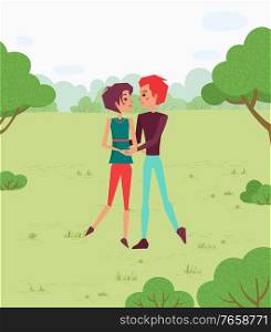 Man and woman holding hands. Couple in love walking in green forest among trees and bushes. Boyfriend and girlfriend spending time in park vector illustration. Couple Holding Hands Walking in Forest Vector