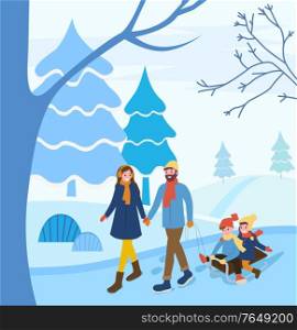 Man and woman holding hands pulling sleigh with children. Couple with kids on vacation. Family spending weekends together. Wife and husband in frosty forest with pine trees and snowy hills, vector. Winter Vacations of Family, Parents and Children