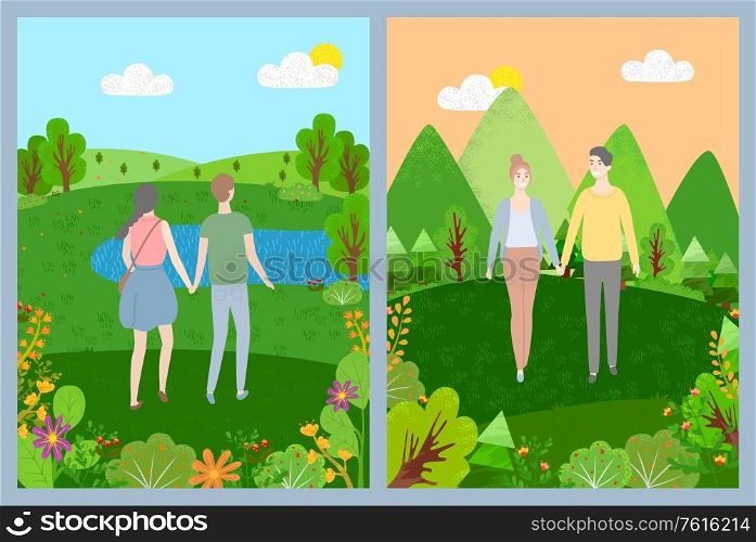 Man and woman holding hands, smiling lovers walking outdoor, landscape view, green nature, couple romantic day in park or forest, togetherness vector. Couple Walking in Park, Green Nature, Love Vector