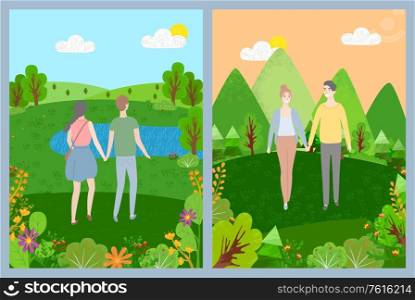 Man and woman holding hands, smiling lovers walking outdoor, landscape view, green nature, couple romantic day in park or forest, togetherness vector. Couple Walking in Park, Green Nature, Love Vector