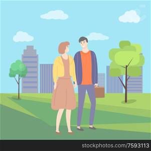 Man and woman holding hands vector couple in city park with trees and buildings. Male and female in love, guy and lady in dress, people in casual cloth. Man and Woman Holding Hands Vector Couple in Park
