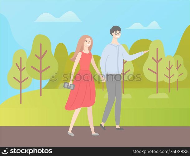 Man and woman holding hands vector couple walking in green forest among trees and bushes. Vector cartoon people, female in red dress and male in trousers. Male and Female in Love, Guy and Lady Walking