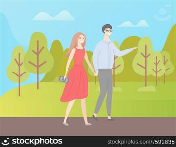 Man and woman holding hands vector couple walking in green forest among trees and bushes. Vector cartoon people, female in red dress and male in trousers. Male and Female in Love, Guy and Lady Walking