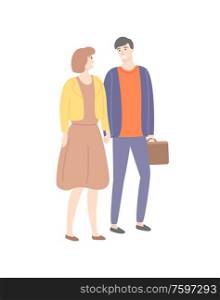 Man and woman holding hands vector isolated couple. Male and female in love, guy with suitcase, lady in dress, people in casual cloth walking and flirting. Man and Woman Holding Hands Vector Isolated Couple