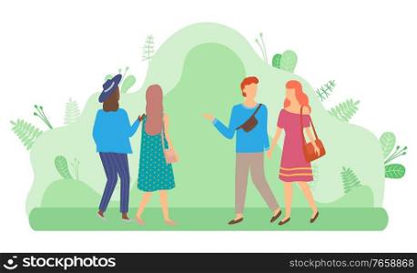 Man and woman holding hands vector, people in park. Friends strolling, female character wearing hat and fashionable clothes, couple walking together illustration in flat style design for web, print. Couple Walking in Park People and Green Foliage
