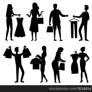 Man and woman holding hanger with clothes, people with purchase. Sale old collection, back shape of shopper with package, shopping symbol, market vector. Shopper with Purchase, People Shopping Vector