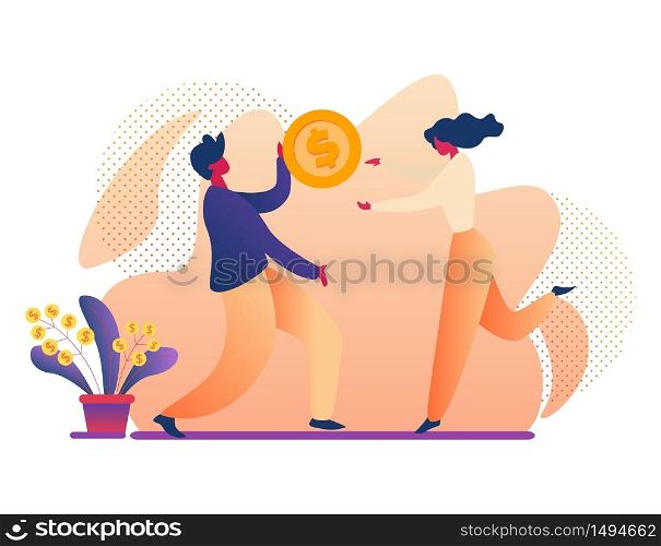 Man and Woman Holding Huge Gold Dollar Coin. Saving Money, Bank Deposit, Financial Investment. Business People Increasing Capital and Profit. Wealth, Earning Money. Cartoon Flat Vector Illustration.. Man and Woman Holding Huge Gold Dollar Coin, Money