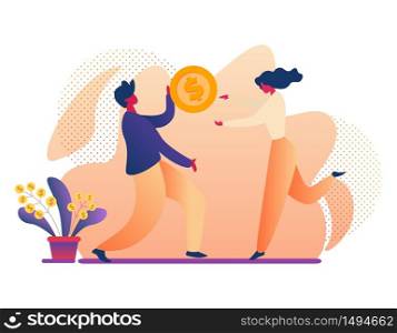 Man and Woman Holding Huge Gold Dollar Coin. Saving Money, Bank Deposit, Financial Investment. Business People Increasing Capital and Profit. Wealth, Earning Money. Cartoon Flat Vector Illustration.. Man and Woman Holding Huge Gold Dollar Coin, Money
