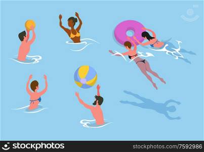 Man and woman holding inflatable ball vector, people in pool flat style. Person swimming underwater, summertime vacation and relaxation of tourists. People Playing Water, Swimming and Waterpolo Game
