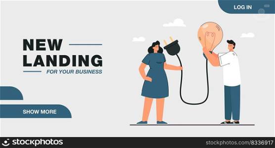 Man and woman holding lightbulb with plug together. Colleagues working on new ideas flat vector illustration. Teamwork, inspiration, brainstorming concept for banner, website design or landing page