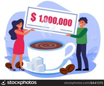Man and woman holding million bill over coffee cup. People starting coffee business flat vector illustration. Coffee shop concept for banner, website design or landing web page