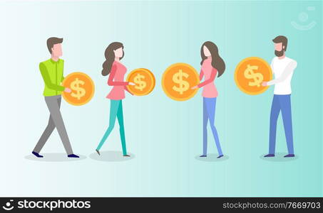 Man and woman holding money, people with coins, dollar currency, investor or employee portrait view with budget symbol, income or profit, finance vector. Investor with Coins, People Holding Money Vector