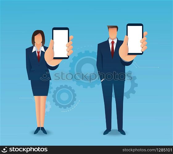 man and woman holding out hand to show blank smartphone screen isolated vector illustration EPS10