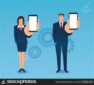 man and woman holding out hand to show blank smartphone screen isolated vector illustration EPS10