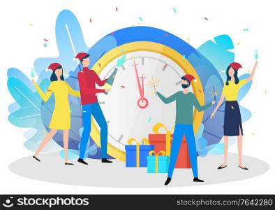 Man and woman holding present box and bottle with champagne. People celebrating winter holidays with gifts near clock symbol. Happy New Year abstract postcard with male and female in Santa hat vector. Happy New Year Postcard, Winter Holiday Vector