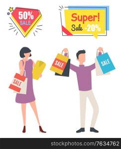 Man and woman holding purchases, super sale. People buying clothes old collection, shopper with packages, discount and promotion on Black friday sale, buyer vector. Business sale stikers. Flat cartoon. Buyer with Purchase, Super Sale, Shopping Vector