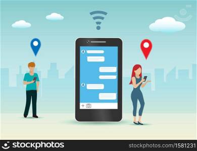 Man and woman holding smartphone chatting while walking in city via web application and GPS, WIFI icons. Idea for social networking, social media marketing and digital online technology concept.