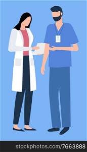 Man and woman hospital colleagues discussing, portrait and full length view of assistant or nurse holding papers, surgeon in uniform and badge vector. Surgeon and Nurse Discussing, Hospital Vector