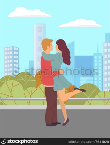 Man and woman hugging near trees and skyscrapers view. Romantic day of male and female characters in casual clothes. People walking near high building, boyfriend embracing girlfriend in city vector. Lovers Embracing in City, Romantic Day Vector