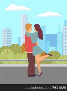 Man and woman hugging near trees and skyscrapers view. Romantic day of male and female characters in casual clothes. People walking near high building, boyfriend embracing girlfriend in city vector. Lovers Embracing in City, Romantic Day Vector