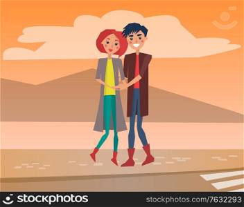 Man and woman huging, couple on date, mountain landscape. Dating and relationship, romance and love, walking on sunset or dusk, hills on horizon, nature. Vector illustration in flat cartoon style. Couple on Date, Man and Woman Huging, Landscape