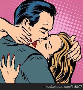 Man and woman hugs, love and romance. Man and woman hugs, love and romance. Comic cartoon pop art retro vector illustration drawing. Man and woman hugs, love and romance