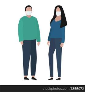 Man and woman in a protective mask against viruses. Fashion trendy illustration, flat design. Pandemic and epidemic of coronavirus in the world.. Man and woman in a protective mask against viruses. Fashion trendy illustration, flat design. Pandemic and epidemic of coronavirus in the world