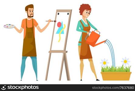Man and woman in apron, artist with paint brush, gardener watering daisies in flower-pot. Portrait view of people drawing and gardening, hobby vector. Artist and Gardener, Drawing and Watering Vector