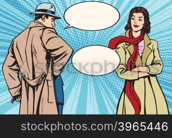 Man and woman in autumn talking on the street pop art retro vector. Man and woman in autumn talking on the street