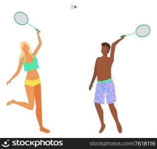 Man and woman in bikini having fun playing badminton game on beach. People in swimsuits play with ball outdoors isolated cartoon characters, vector. Man and Woman in Bikini Have Fun Playing Badminton