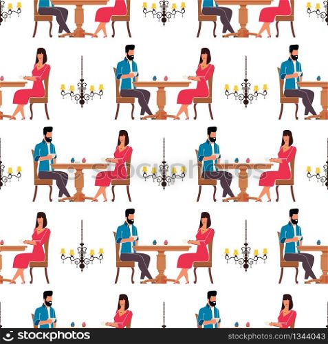 Man and Woman in Cafeteria Flat Seamless Pattern. Repeated Cartoon Gentleman and Elegant Lady Sitting at Table and Drinking Coffee, Eating Cakes. Vector Endless Retro Chandelier Decor Illustration. Man and Woman in Cafeteria Flat Seamless Pattern