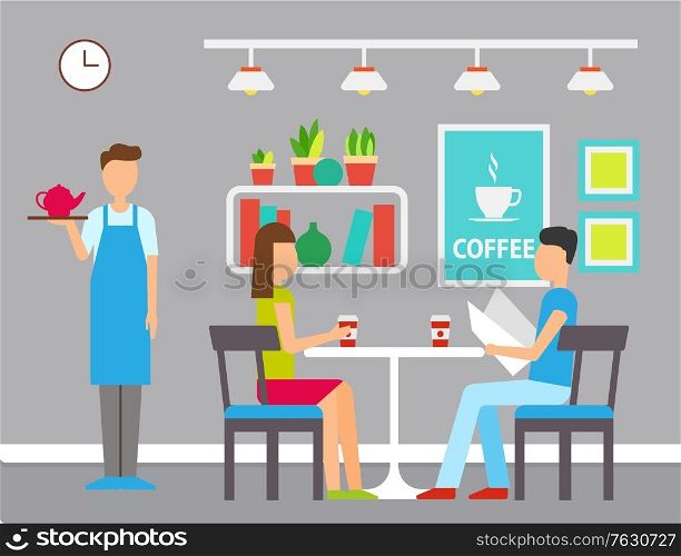 Man and woman in cafeteria, girl holding cup, boy reading menu, standing waiter with teapot. Indoor cafe decorated by pictures, shelf with plants. Girl and boy on dating in coffee cafe. Vector flat. Man and Woman in Cafeteria, Coffeehouse Vector