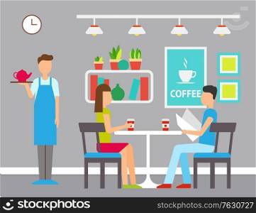 Man and woman in cafeteria, girl holding cup, boy reading menu, standing waiter with teapot. Indoor cafe decorated by pictures, shelf with plants. Girl and boy on dating in coffee cafe. Vector flat. Man and Woman in Cafeteria, Coffeehouse Vector